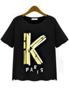 Romwe K Paris Print Loose Black T-shirt