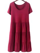 Romwe Burgundy Round Neck Short Sleeve Ruffle Hem Cake Dress