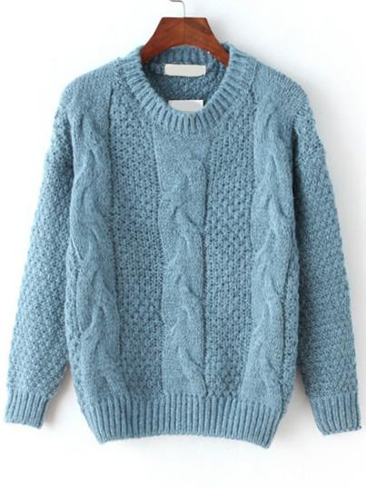 Romwe Cable Knit Fuzzy Blue Sweater