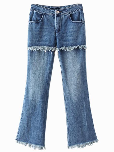 Romwe Blue Pockets Fringed Flare Leg Denim Pants
