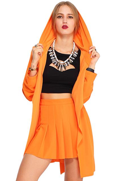 Romwe Orange Belted Hooded Cardigan