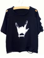 Romwe Black Love Gesture Print Ripped T-shirt