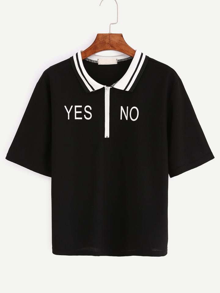 Romwe Zip Front Letter Embroidered Polo Shirt - Black
