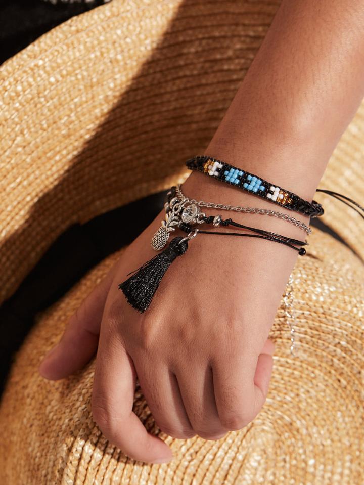 Romwe Pineapple & Tassel Charm Bracelet Set
