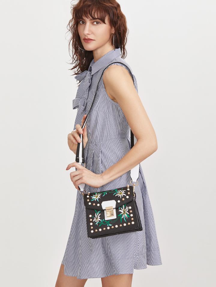 Romwe Black Flower Embroidered Studded Wide Strap Box Bag