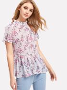 Romwe Frilled Neck Blossom Print Smock Top