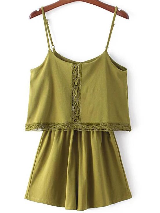 Romwe Green Spaghetti Strap Crochet Siamese Trousers