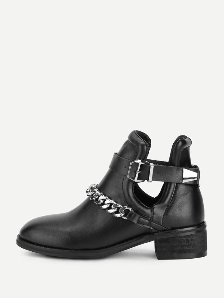 Romwe Chain Decorated Block Heeled Ankle Boots