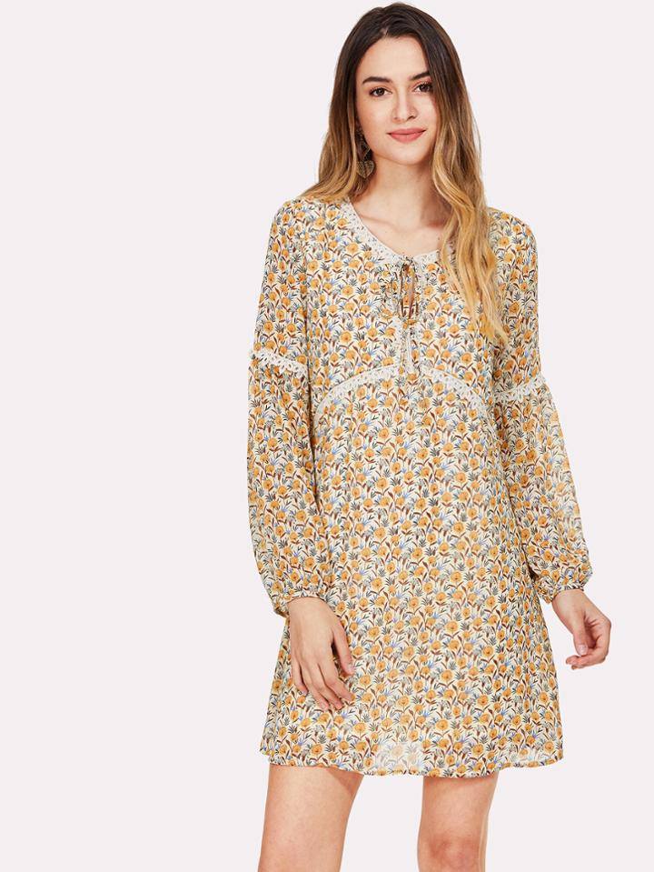 Romwe Tied Neck Applique Floral Dress