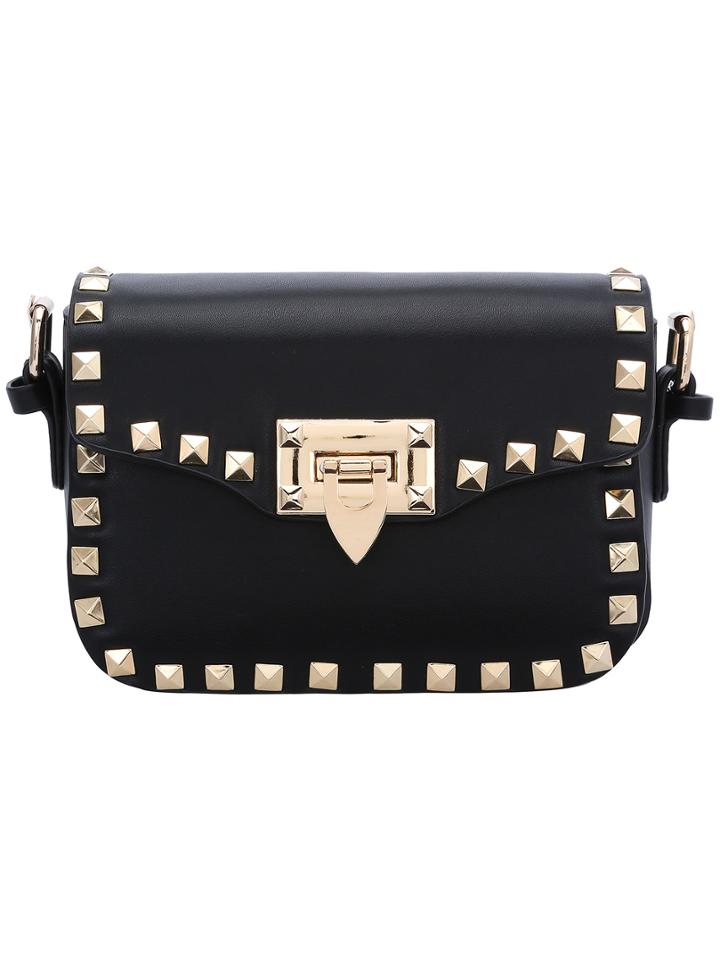 Romwe Black Rivet Pu Shoulder Bag
