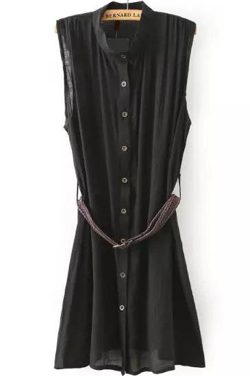 Romwe Stand Collar With Belt Shirt Black Dress