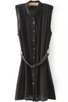 Romwe Stand Collar With Belt Shirt Black Dress