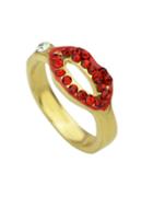 Romwe Alloy Gold Plated Red Rhinestone Lips Rings For Women