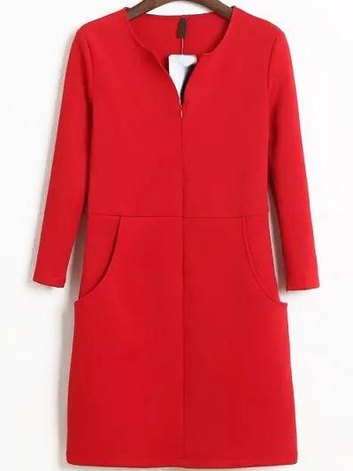 Romwe V Neck Zipper Straight Red Dress