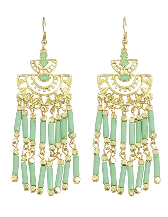 Romwe Long Green Bead Drop Earrings