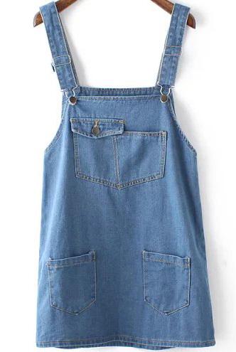 Romwe Straps With Pockets Denim Blue Dress