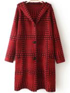 Romwe Hooded Houndstooth Red Coat With Pom Pom