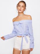 Romwe Foldover Off Shoulder Pinstriped Top With Belt
