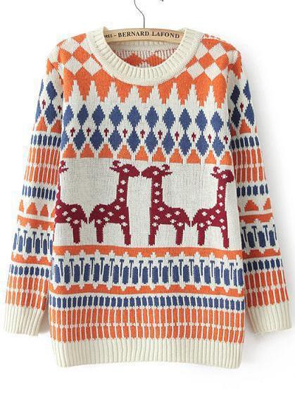 Romwe Diamond Deer Print Loose Navy Sweater