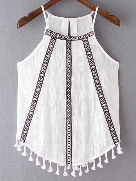 Romwe White Fringed Hem Embroidery Spaghetti Strap Tank Top