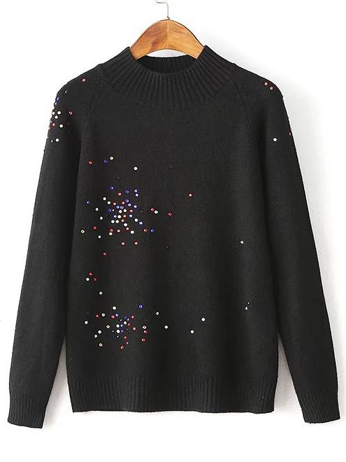 Romwe Black Mock Neck Beaded Embellished Knitwear