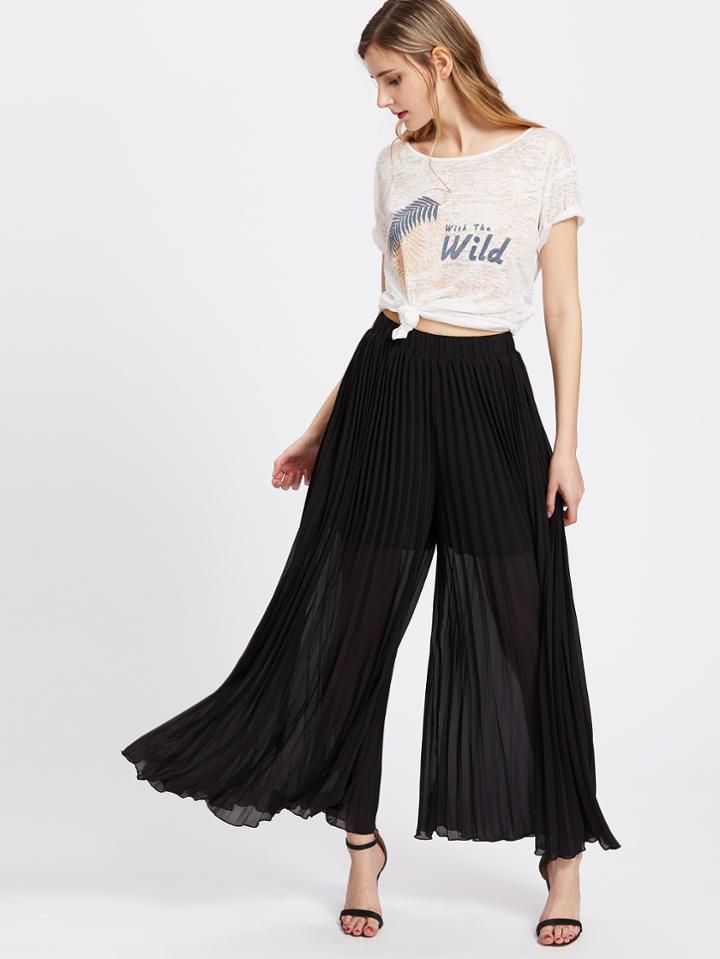 Romwe Elastic Waist Pleated Culotte Pants