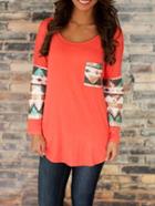 Romwe Orange Round Neck Sequined Quilting Pane Colourblock Pocket T-shirt