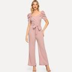 Romwe Gathered Sleeve Surplice Neck Ruched Jumpsuit