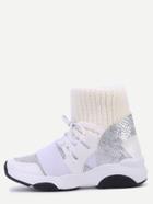 Romwe White Embossed Lace Up Knit Ankle Cuff Sneakers