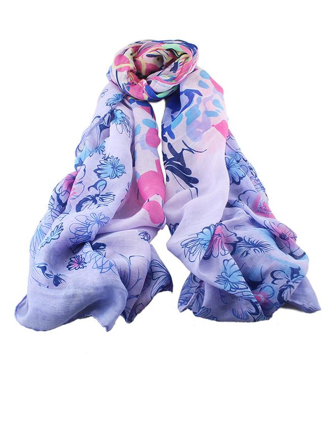 Romwe Purple Voile Flower Printed Scarf