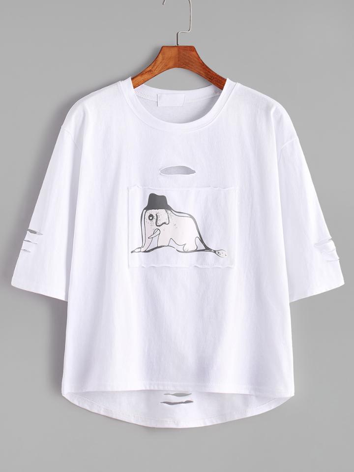 Romwe White Elephant Print Patch Dip Hem Ripped T-shirt