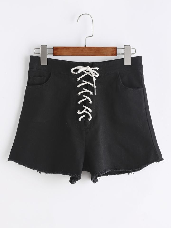 Romwe Black Lace Up Front Raw Hem Shorts