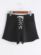 Romwe Black Lace Up Front Raw Hem Shorts