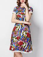 Romwe Blue Round Neck Short Sleeve Floral Print Dress