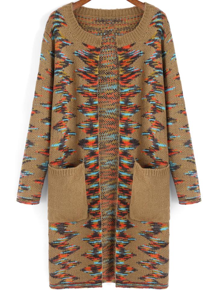Romwe Round Neck Zigzag Pockets Khaki Coat
