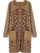 Romwe Round Neck Zigzag Pockets Khaki Coat