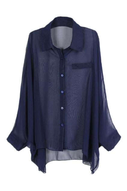 Romwe Batwing Sleeved Asymmetric Mesh Blue Shirt