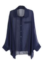 Romwe Batwing Sleeved Asymmetric Mesh Blue Shirt