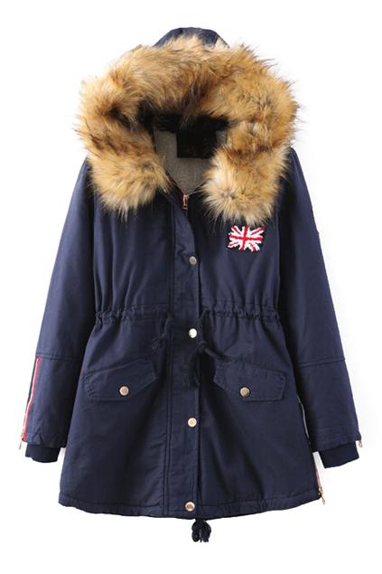 Romwe Drawstring Pocketed Faux Fur Hoodie Dark-blue Coat