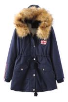 Romwe Drawstring Pocketed Faux Fur Hoodie Dark-blue Coat
