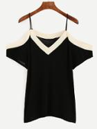 Romwe Black Contrast Cold Shoulder Knit Top