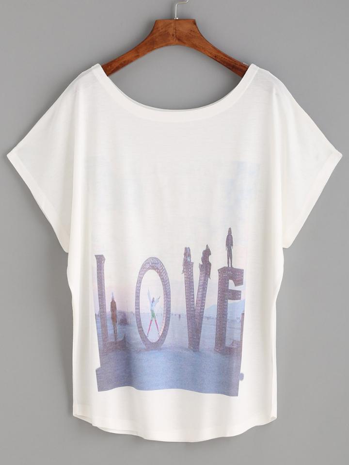 Romwe White Graphic Print Dolman Sleeve T-shirt