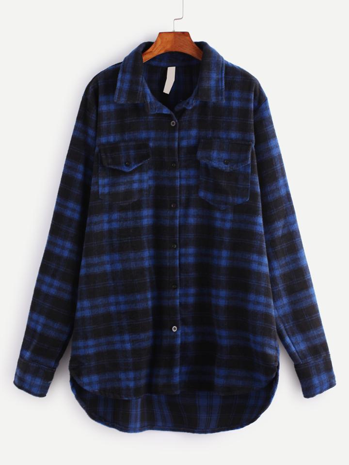 Romwe Dip Hem Plaid Patch Back Coat