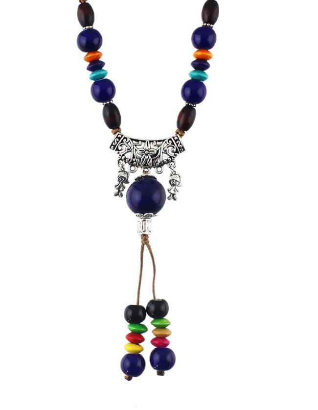 Romwe Blue Long Beads Necklace For Women