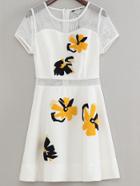 Romwe White Floral Embroidery Hollow Zipper Dress