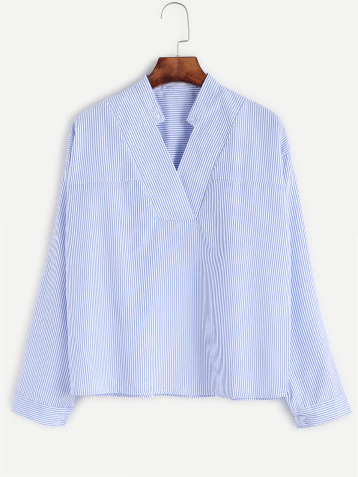 Romwe Blue Vertical Striped V Neck Blouse
