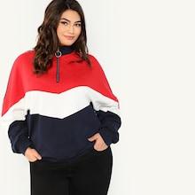Romwe Plus Zip Front Color Block Sweatshirt