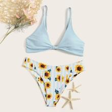 Romwe Plunging Neck Top With Random Floral Bikini Set
