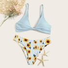 Romwe Plunging Neck Top With Random Floral Bikini Set