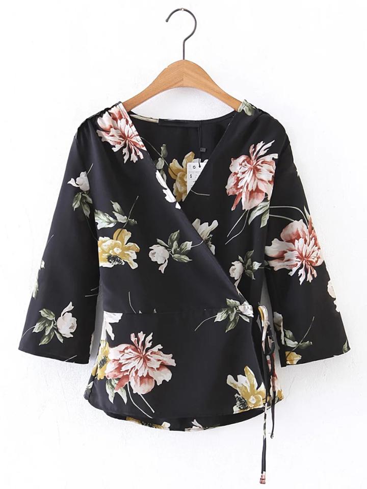 Romwe V-neckline Floral Tie Waist Warp Top